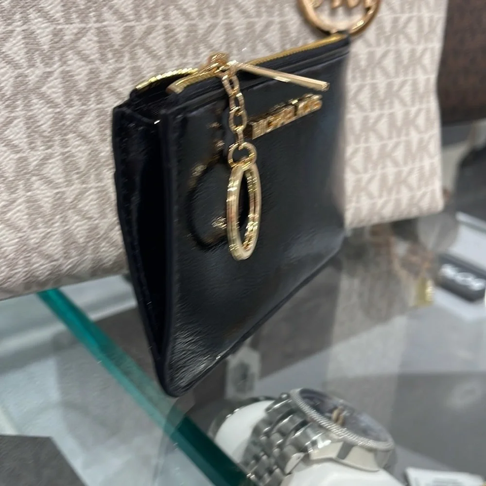 MICHAEL KORS Jet Set Travel Small Top Zip Coin Pouch With ID Keychain  Black NWT